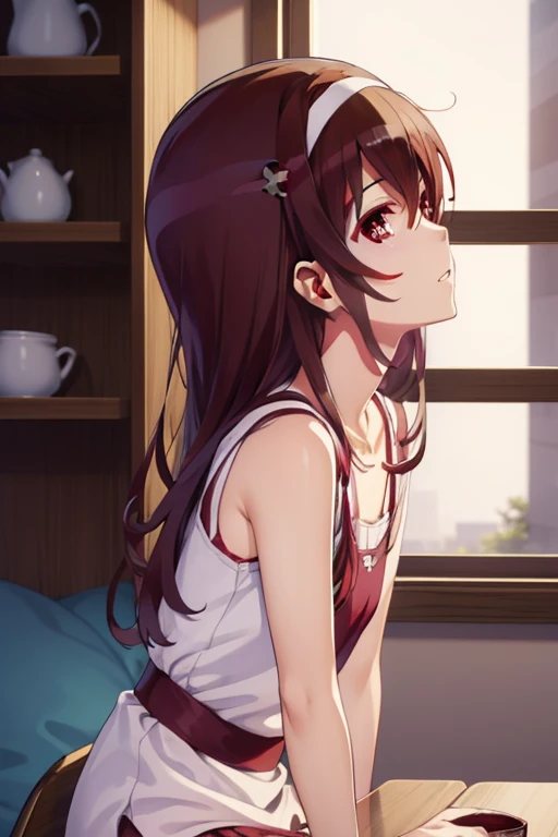 utaha kasumigaoka (deep red eyes:1.7), long black hair, white hairband (beautiful chest:1.2), leaning forward BREAK collarbone, very short apron, bare arms, bare shoulders, bare legs, teenager BREAK looking at viewer, BREAK indoors, BREAK (masterpiece:1.2), best quality, high resolution, unity 8k wallpaper, (illustration:0.8), (beautiful detailed eyes:1.6), extremely detailed face, perfect lighting, extremely detailed CG, (perfect hands, perfect anatomy), ((semi-profile))