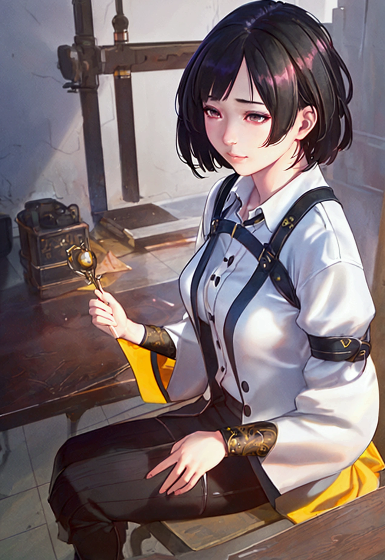 intricate detailed portrait of 1girl, black hair, , manhwa style, short hair, slight smile, low angle, (best quality,4k,8k,highres,masterpiece:1.2),ultra-detailed,(realistic,photorealistic,photo-realistic:1.37),HDR,UHD,studio lighting,ultra-fine painting,sharp focus,physically-based rendering,extreme detail description,professional,vivid colors,bokeh,highly detailed