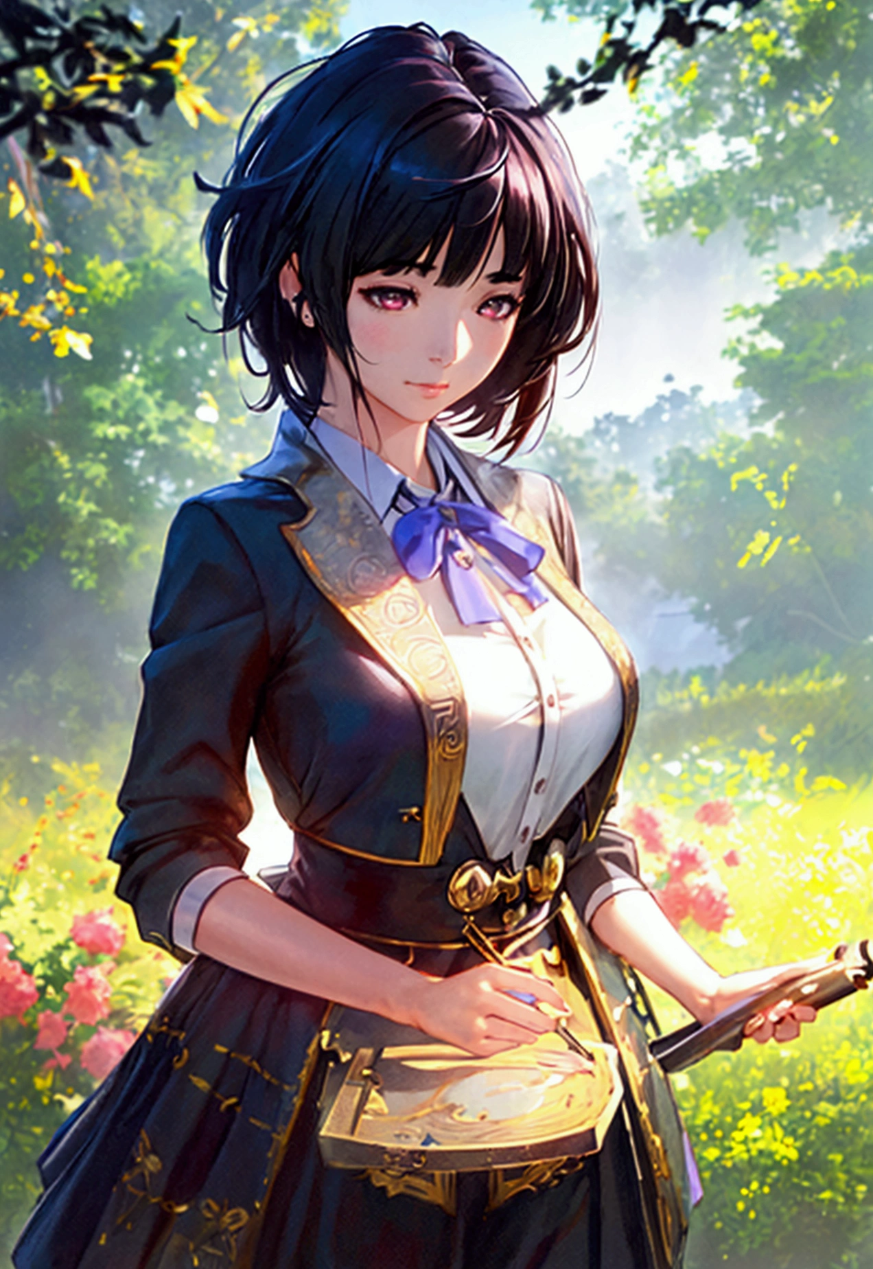 intricate detailed portrait of 1girl, black hair, , manhwa style, short hair, slight smile, low angle, (best quality,4k,8k,highres,masterpiece:1.2),ultra-detailed,(realistic,photorealistic,photo-realistic:1.37),HDR,UHD,studio lighting,ultra-fine painting,sharp focus,physically-based rendering,extreme detail description,professional,vivid colors,bokeh,highly detailed