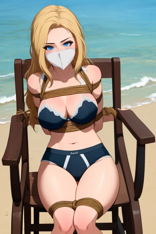 1 girl, detailed blue eyes, lange wimpern, detailed beautiful face, 4k quality, (Long blonde hair:1.4), (arms behind back:1.3), Red rope, blushing, (Big breasts:1.6), (black short sexy underwear, 18 jears old:1.6), OTN, Gag, gagged, shibari, bondage, sitting on a beach, sitting in a chair, erhobene Augenbrauen, pralle Brüste, Front View of girl, detaillierte nah aufnahmen