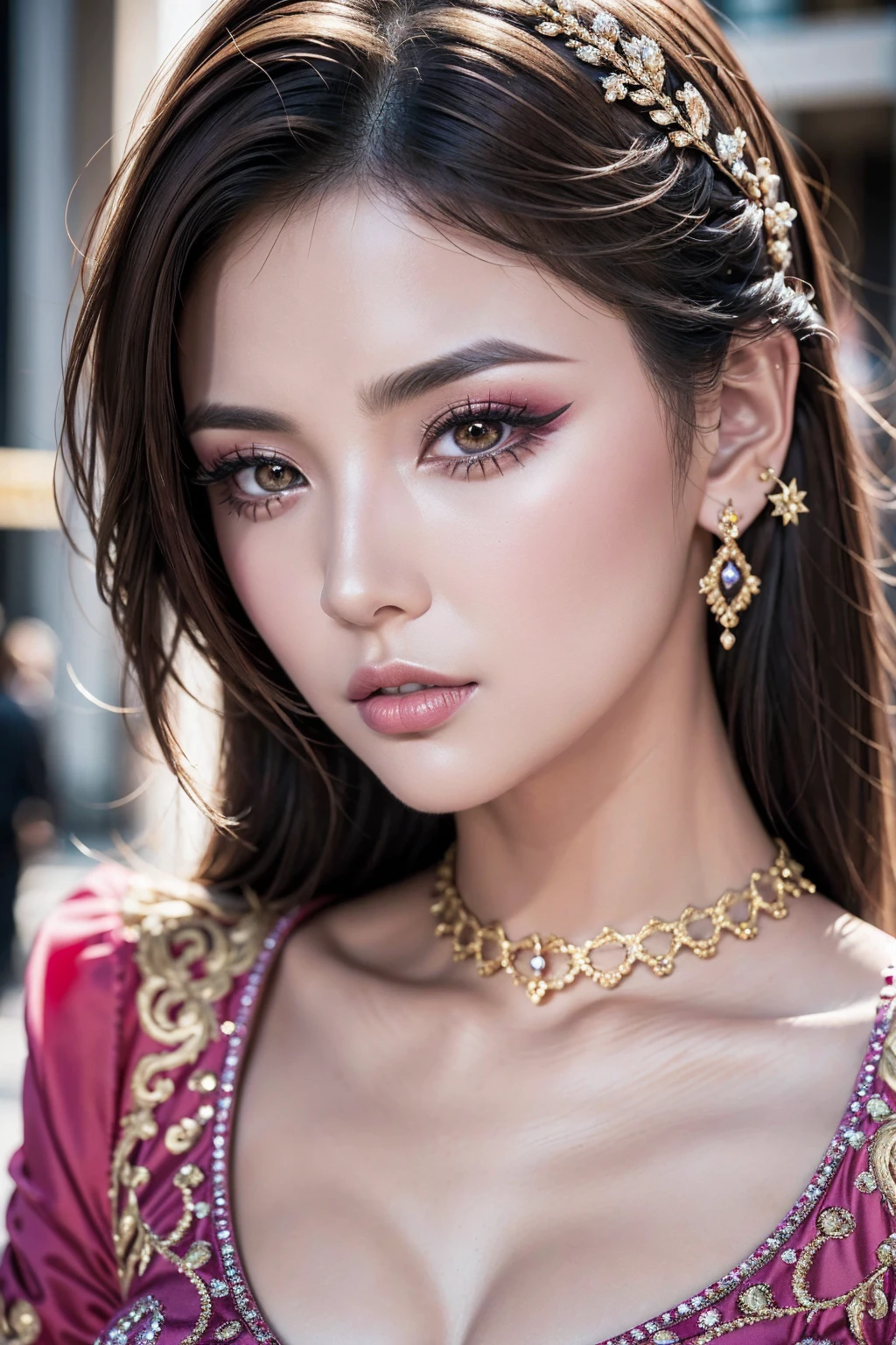 ((ultra high resolution)), ((An improvement of the most absurd quality:1.2)), (masterpiece), 16K, (Best Illustration), (light pale complexion), (realistic proportional body, anatomically correct:1.3), photorealistic Realism 8K Quality, (high-res, best high quality), ([long(lashes)|perfect(eyeshadows)]:[|blue|pink]), ((clear no blur and sharp perfect round, realistic brown_eyes:1.25), finely quality eyes), (tired and sleepy and satisfied:0.0), (finely detailed pupils), BREAK, detailed lips, pink_makeup, long_blue_eyeliner, red_lipstick:1.2, perfect dark_eyeshadows:1.15, ((beautiful sharp-face), extremely detail:1.3), (high detailed Super beautiful slim and cute-face), a significant look at the viewer, ((beyond kiss)), (Upper body shot), ((highly elaborate extravagant microscopic street outfit:1.25)), perfect composition, ((dry skin)), Hasselblad, 85mm f/4.0