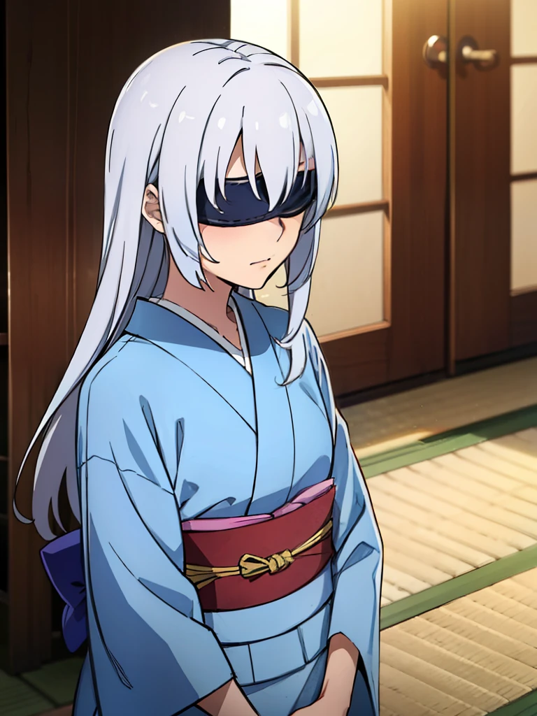 1girl, blind fold, white long hair, light blue kimono