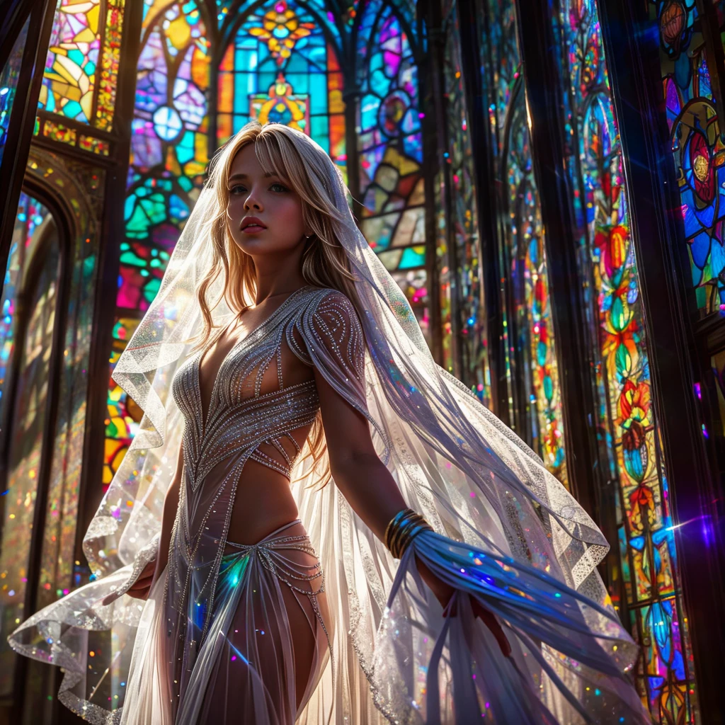 (Cathedral from below:1.28) (ZoomLayer) TopQuality 8K masterpiece of ((Professional photo)), (((Clarisse de Cagliostro))) (Detailed White WeddingDresses), Chain, (((Extremely detailed KAWAII face))) {((VeiledFace))|BlondeHair|(Elaborate BuleEyes)with(SparklingHighlights:1.28)}, The background is distant (((Elaborate stained glass))) Rainbow Glass, {(MysticSight)|EnchantingAtmosphere|Haze|(GodRays)|TyndallEffect}, Radiant PearlSkin with Transparency, (Exposed:0.39)