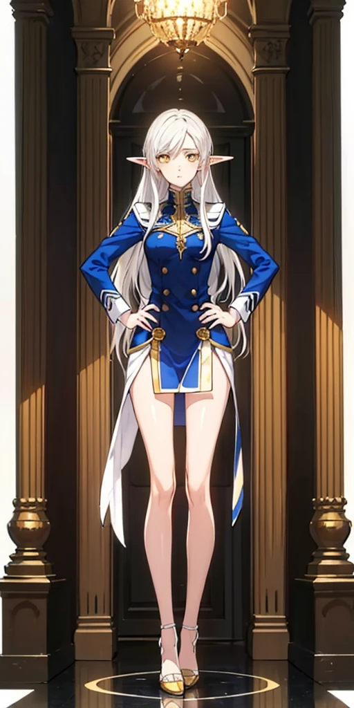 masterpiece, best quality, high quality, Erwin, elf, long hair, white hair, yellow eyes (1solofemale full body standing straight symmetrical, hands on hips)