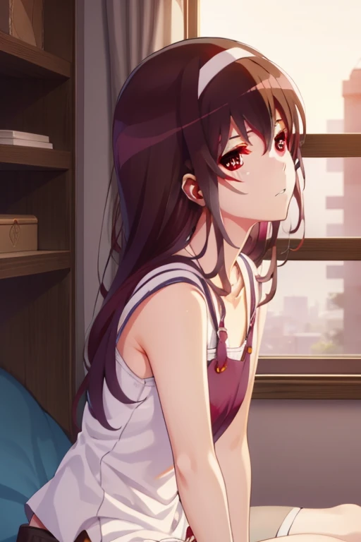 utaha kasumigaoka (deep red eyes:1.7), long black hair, white hairband (ample chest:1.2), leaning forward BREAK collarbone, very short apron, bare arms, bare shoulders, bare legs, teenager BREAK looking at viewer, BREAK indoors, BREAK (masterpiece:1.2), best quality, high resolution, unity 8k wallpaper, (illustration:0.8), (beautiful detailed eyes:1.6), extremely detailed face, perfect lighting, extremely detailed CG, (perfect hands, perfect anatomy), ((semi-profile))