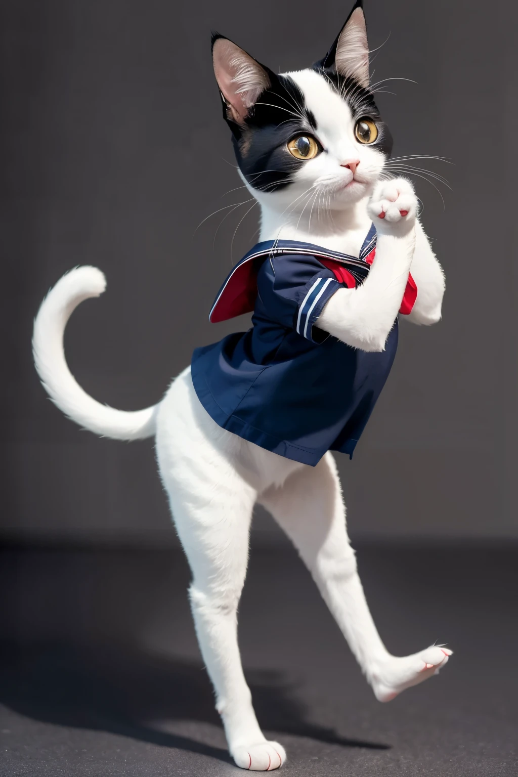 
work of art,highest quality,animal,a little,cute,no humans,Siamês cat,sailor outfit , standing on hind legs, hands aside
