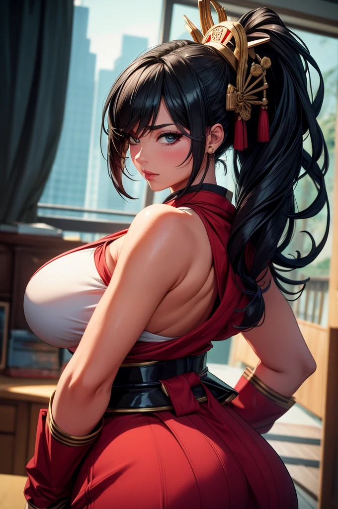 female dressed as attractive Samurai, gorgeous, voluptuous, flirting, busty, ample hips, insanely detailed accentuated big booty, looking_back, portrait, photography, detailed skin, Realistic, photo-realistic, 8k, highly detailed, full-length frame, HIGH detailed RAW color art, piercing, diffused soft lighting, shallow depth of field, sharp focus, hyperrealism, cinematic lighting,