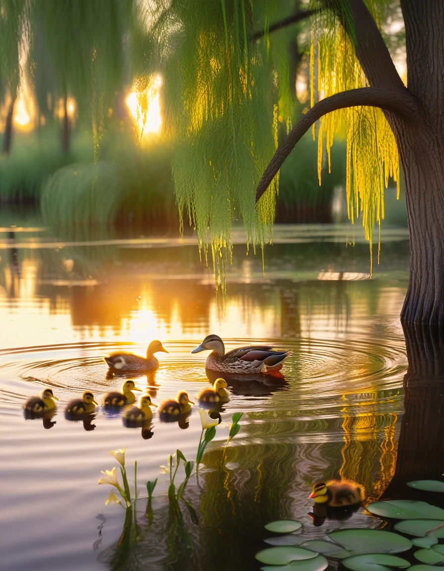 at sunrise, a duck with five ducklings glides easily across a calm lake., sunrise radiates warmth, golden glow on their wet feathers. Duck dips his head in water, creating gentle ripples, reflecting the beautiful shades of the sky. Willow trees and blooming lilies create a serene scene., adding elegance and tranquility. complex parts, bright colors, peaceful atmosphere, elegant beauty.