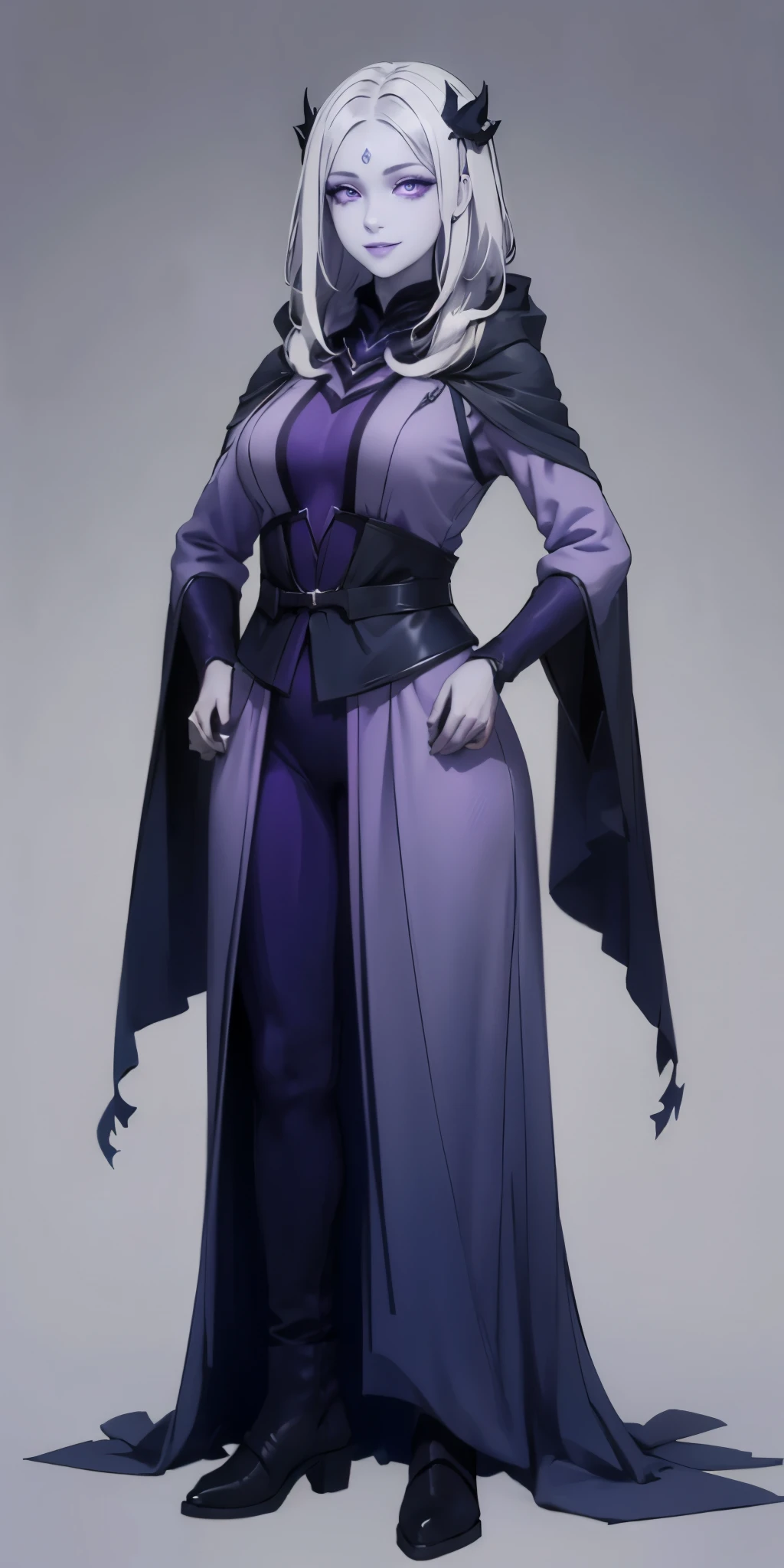 (1solofemale full body standing straight symmetrical, hands on hips) (smile purple makeup) grayscale skin, pale hair and violet eyes. She prefer clothing of white and silver with cloaks of deep blue or purple, blue or purple background (Masterpiece, highres, 4k, very precise detailed)