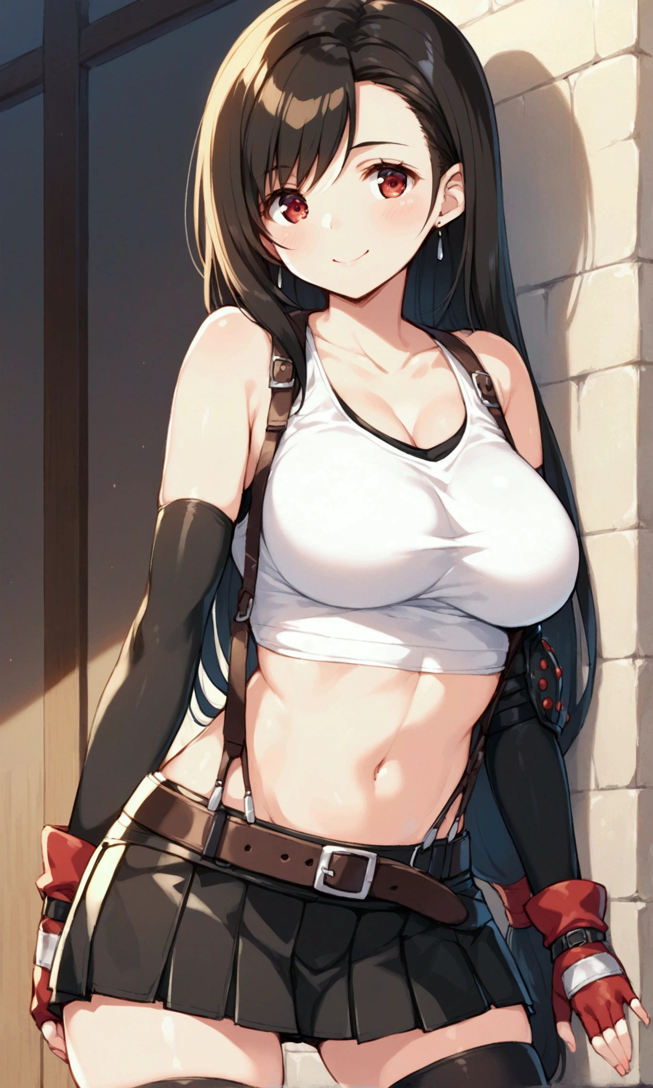 (score_9
score_8_up
score_7_up
score_6_up
score_5_up
score_4_up
source_anime),,BREAK  ,straight-on,,breast view, breast press,,standing,leaning on wall.. upperbody,,Solo ,1girl, tifa lockhart, final fantasy, tareme,black hair, low-tied long hair, red eyes, bangs, (white tank top, belt, pleated skirt, thighhighs, elbow fingerless gloves, elbow pads, midriff, navel,suspender skirt) ,(large_breast),(light smile),sunsetscene,outdoor,(ultra detailed),(best quality),(aesthetic,very aesthetic),,amazing quality,,detailed face and eyes and body,Shiny bare skin,