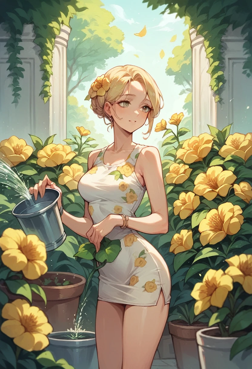 Beautiful blonde woman, perfect body, (short dress with yellow flower print), watering the plants in a garden