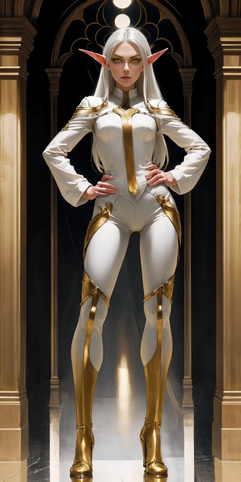 masterpiece, best quality, high quality, Erwin, elf, long hair, white hair, yellow eyes (1solofemale full body standing straight symmetrical, hands on hips)