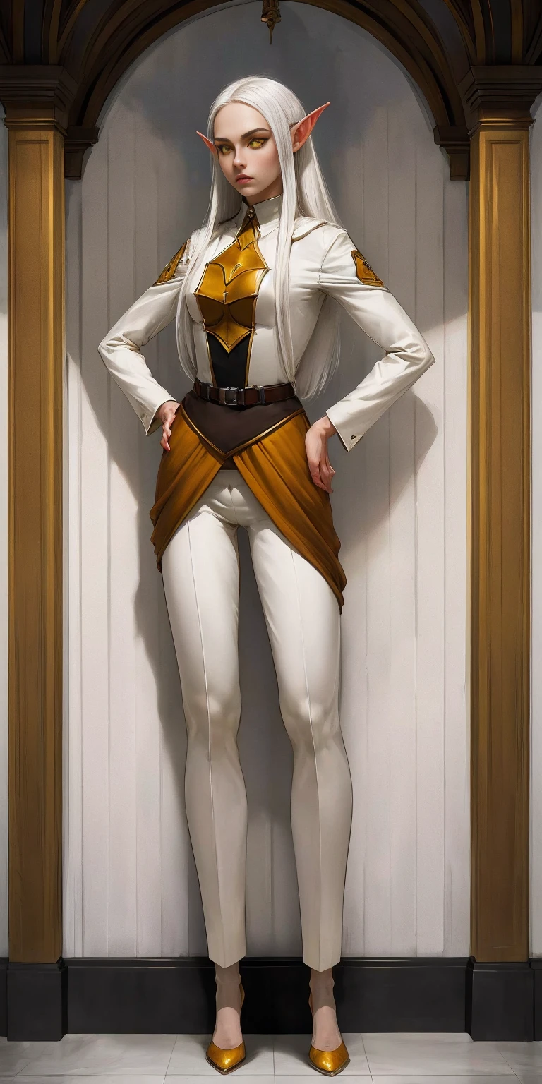 masterpiece, best quality, high quality, Erwin, elf, long hair, white hair, yellow eyes (1solofemale full body standing straight symmetrical, hands on hips)