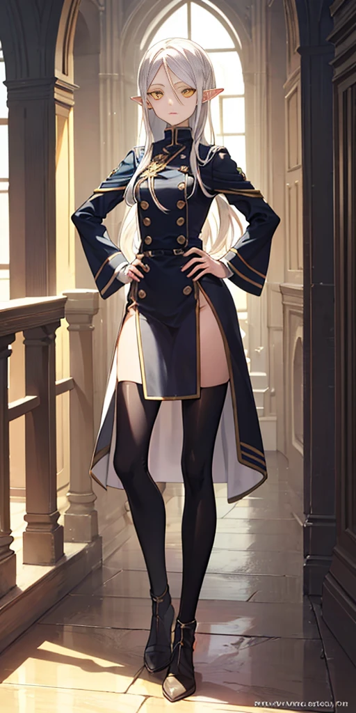 masterpiece, best quality, high quality, Erwin, elf, long hair, white hair, yellow eyes (1solofemale full body standing straight symmetrical, hands on hips)