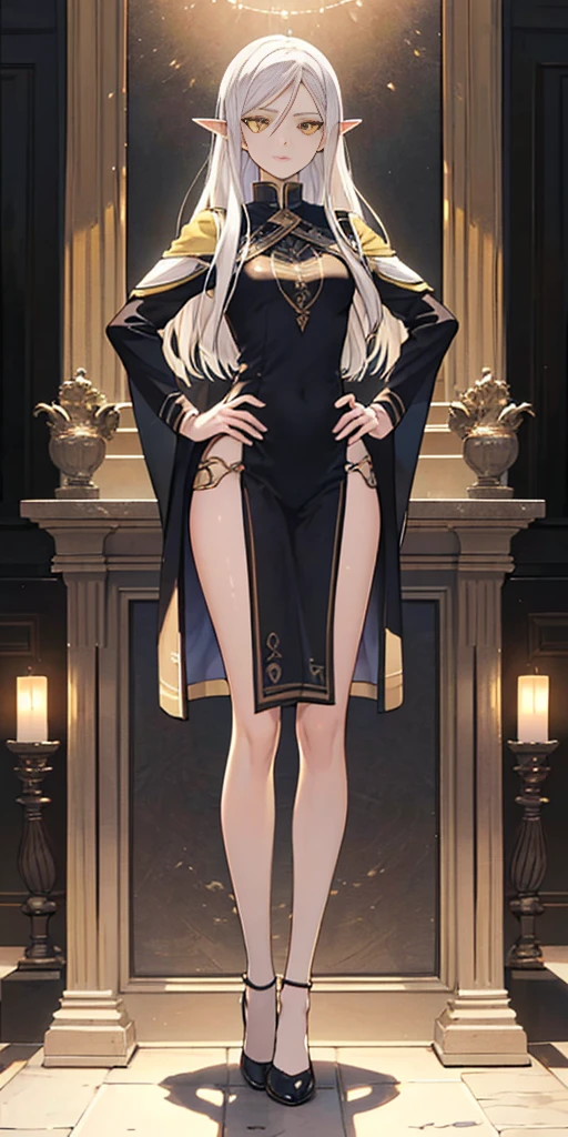 masterpiece, best quality, high quality, Erwin, elf, long hair, white hair, yellow eyes (1solofemale full body standing straight symmetrical, hands on hips) 