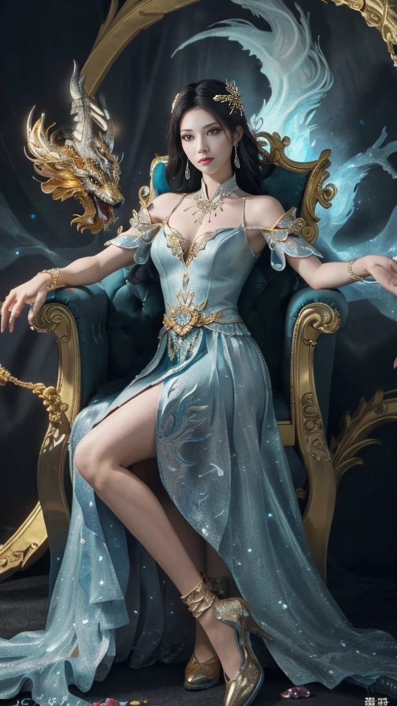 A Chinese girl sitting on a throne, a throne encrusted with precious stones, surrounded by Chinese phoenix beasts, gold and ruby color, unique monster illustration, Dau al set, high resolution, a painting, dense composition, playful repetition, precious stones, crystals, gold, detailed paintings, unique monster illustrations, super fine details, realistic, super high resolution, complex, super detail, (skin dents), cute, feminine, detailed body, (Detailed face: 1.1), (contoured iris), (watercolor lenses), (perfect eyes), 4k, gorgeous, (masterpiece: 1.2), (best quality: 1.2), gorgeous long dress, dynamic pose, rich colors, film light and shadow