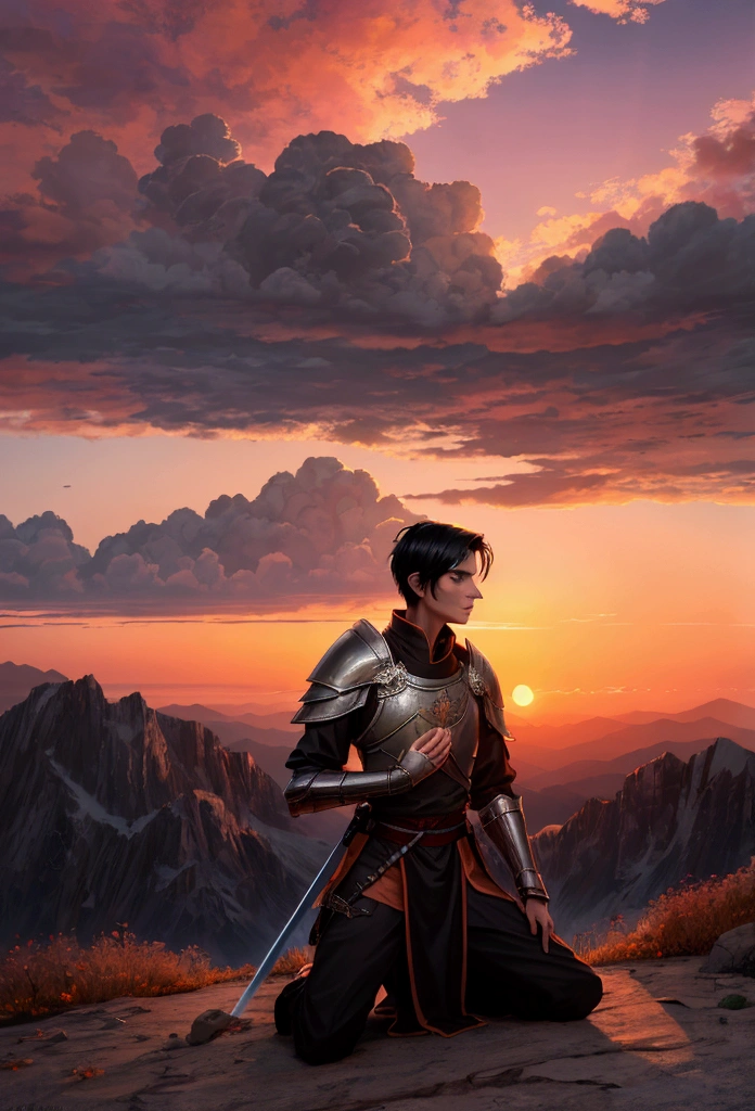 A tall, thin man with short black hair is kneeling on top of a mountain against a sunset backdrop. He is wearing armor that shows signs of damage from past battles, with scratches and dents visible. The man holds a large sword, stabbing it into the ground in front of him, as he prays in silence. Around him, the mountainous landscape is impressive, with clouds in the background reflecting the orange and pink tones of the sunset.