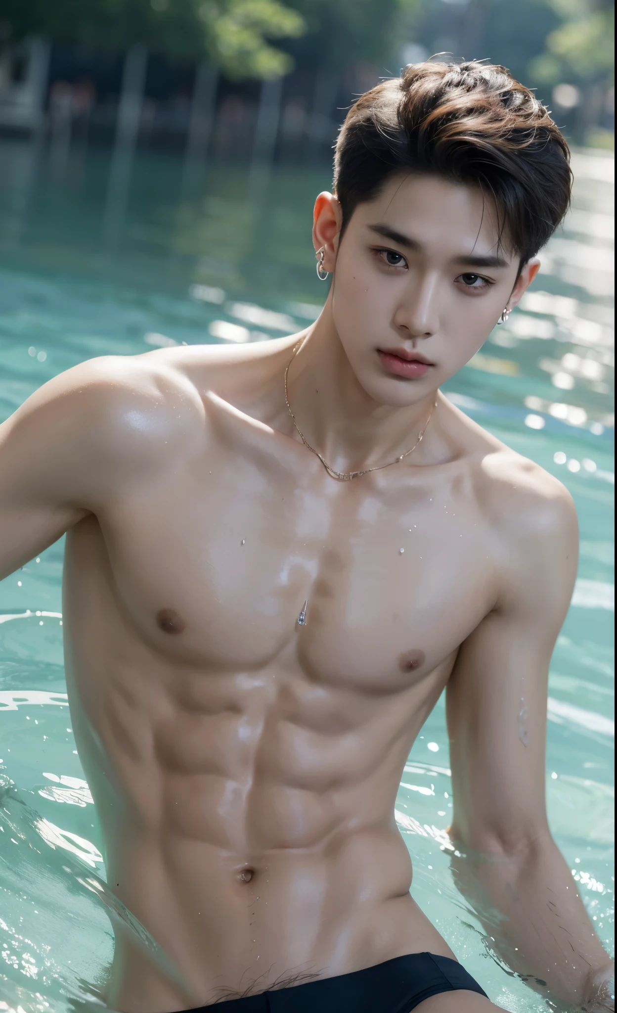 (absurdres,Super-resolution,masterpiece,best quality,finely detailed,absurdres:1.2), 1male, 20 years old male, slim body, athletic, , handsome Korean boy, attractive young boy, earrings, necklace, smirk, piercing, dynamic pose, dramatic illumination, bokeh, sweaty, realistic, hyper realistic, super detail, topless, detailed body shape, detailed skin texture, detailed background, detailed face, realistic water