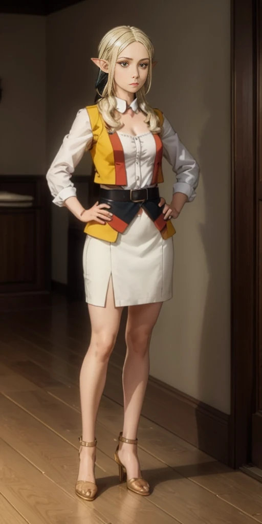 masterpiece, best quality, high quality, Erwin, elf, long hair, white hair, yellow eyes (1solofemale full body standing straight symmetrical, hands on hips) 