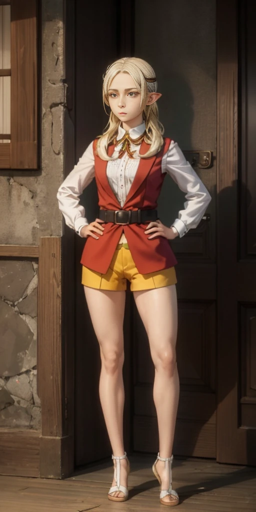 masterpiece, best quality, high quality, Erwin, elf, long hair, white hair, yellow eyes (1solofemale full body standing straight symmetrical, hands on hips) 