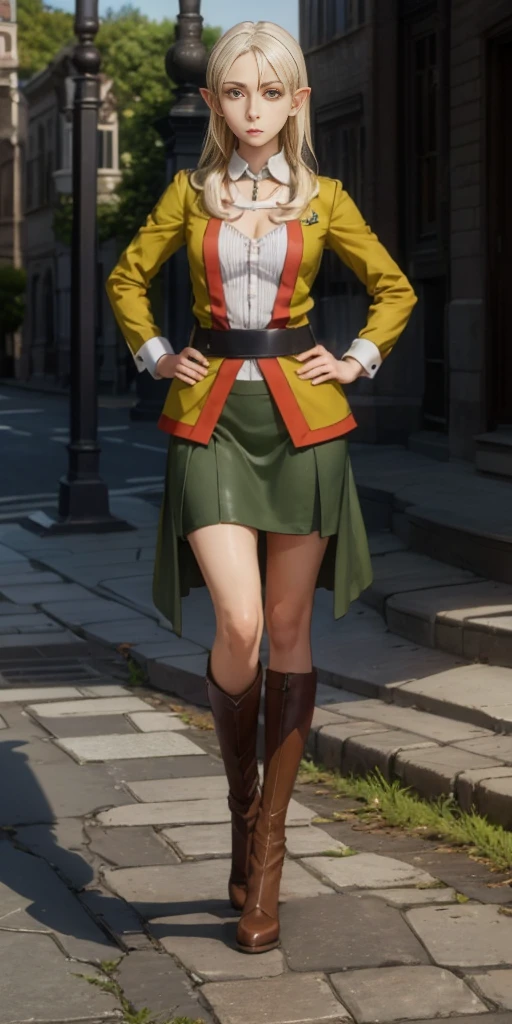 masterpiece, best quality, high quality, Erwin, elf, long hair, white hair, yellow eyes (1solofemale full body standing straight symmetrical, hands on hips) 