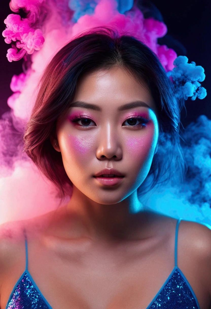 beautiful 30 years old woman's face illuminated by colored lights photorealistic background bright colors Luminous neon pink and neon blue glitter dust background with pink and blue smoke vapor, Jennie kim, medium full shot, valoptuous, curvy, big_chest
