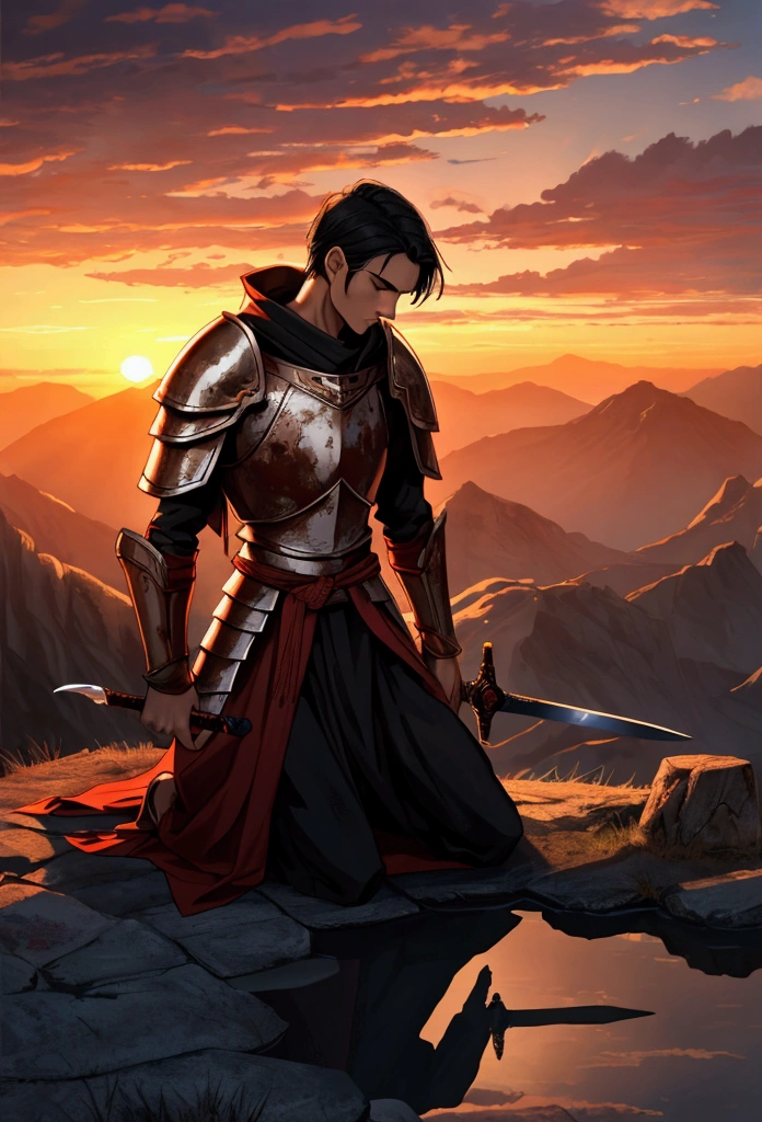A tall, thin man with short black hair is kneeling on top of a mountain against a sunset backdrop. He is wearing armor that shows signs of damage from past battles, with scratches and dents visible. The man holds a large sword, stabbing it into the ground in front of him, as he prays in silence. Around him, the mountainous landscape is impressive, with clouds in the background reflecting the orange and pink tones of the sunset.
