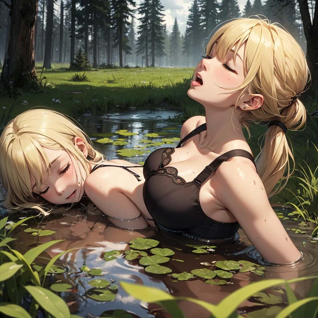 A group of female soldiers, (in swamp), various hair styles, tank top, harem, beautiful leg, midriff, camouflage military trousers, showings off armpits, seducing, dirty, tied wrist with rope, missionary sex