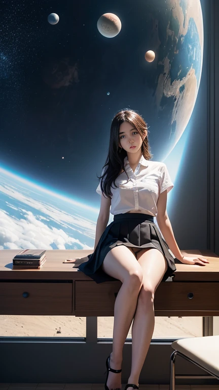 Mitzura Arghezi, Rudolf Koivu, Per Gustavsson, Haruyo Kawashima, Junko Mizuno, Yumiko Igarashi, Surrealism, wonder, strange, bizarre, fantasy, Sci-fi, Japanese anime, deserted square, Mars with a diameter of 3 meters floating on the ground, a beautiful high school girl in a miniskirt sitting at a study table observing Mars, perfect voluminous body, a glass orbital elevator that reaches to the sky in the distant background, detailed masterpiece Zoom in legs spread hyper realistic sharp focus embarrassing shy blushing seducing sweating skin glistening real