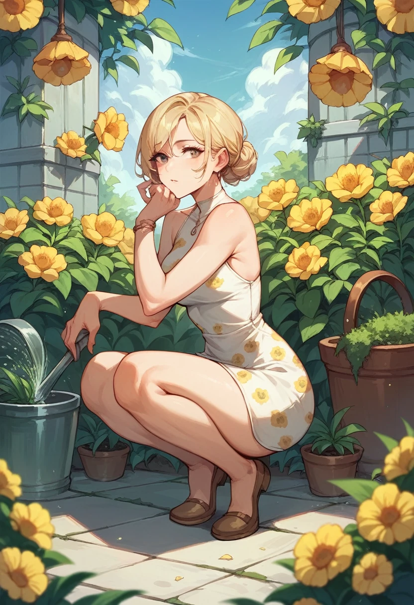 Beautiful blonde woman, perfect body, (short dress with yellow flower print), crouched watering the plants in a garden