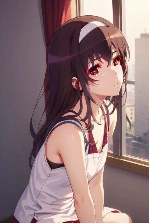 utaha kasumigaoka (deep red eyes:1.7), long black hair, white hairband (big chest:1.2), leaning forward BREAK collarbone, very short apron, bare arms, bare shoulders, bare legs, teenager BREAK looking at viewer, BREAK indoors, BREAK (masterpiece:1.2), best quality, high resolution, unity 8k wallpaper, (illustration:0.8), (beautiful detailed eyes:1.6), extremely detailed face, perfect lighting, extremely detailed CG, (perfect hands, perfect anatomy), ((semi-profile))