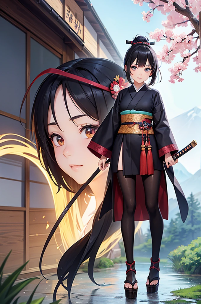 Fantasy RPG character, 26-year-old woman, samurai, sword, Japanese clothing,black hair, ((full body)), ((anime)), ((best qualtiy, 8K, tmasterpiece:1.3)), Focus:1.2, perfect figure beautiful woman:1.4, 1woman, cowboy shot, look at viewer, eyes facing the camera, incredibly absurd, beautiful and cute woman, showcasing top-quality craftsmanship, cute, neat
