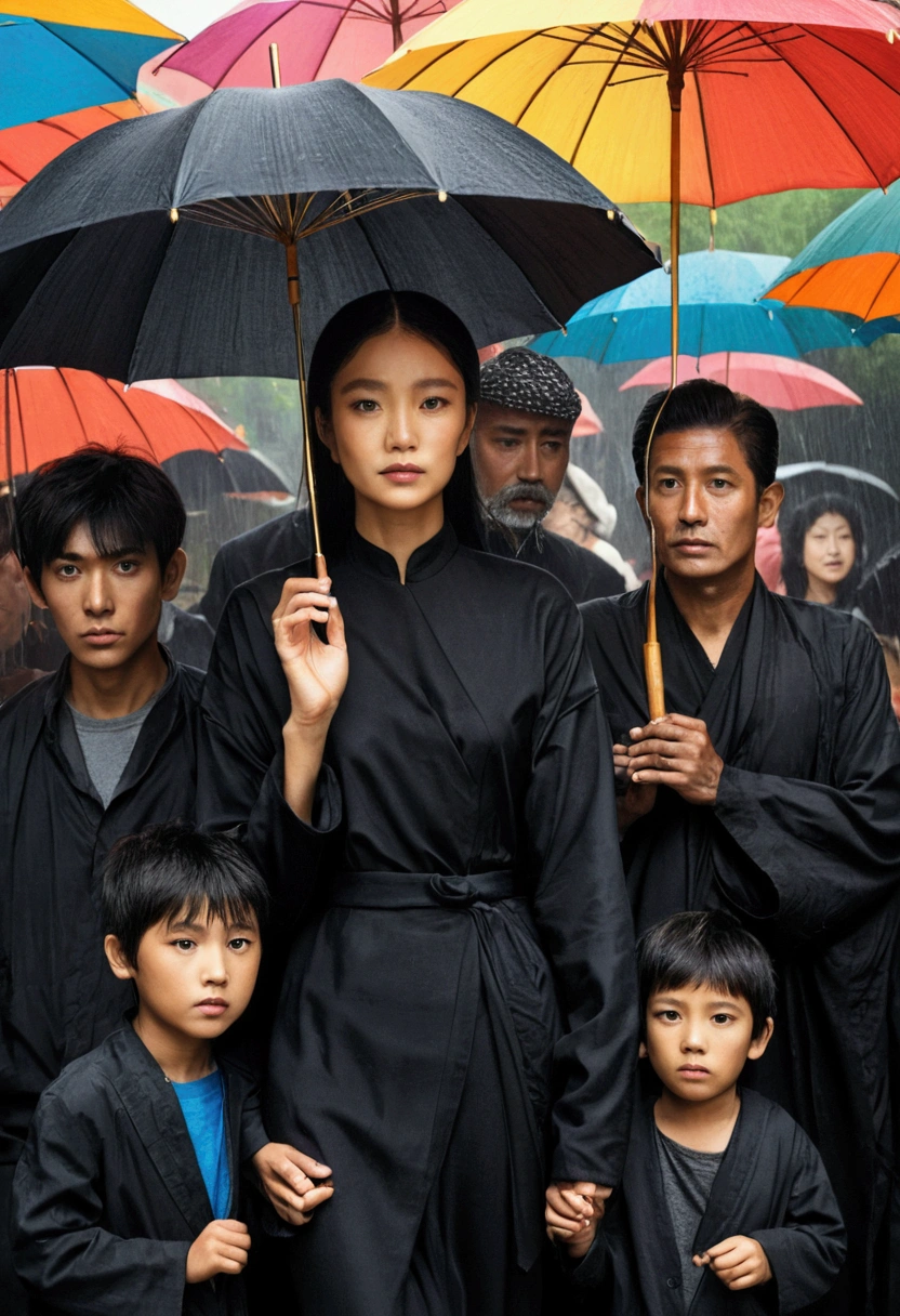 wake with people around, wearing black clothes and umbrella