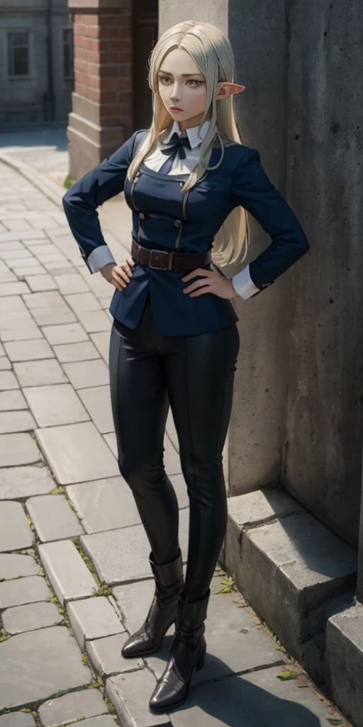masterpiece, best quality, high quality, Erwin, elf, long hair, white hair, yellow eyes (1solofemale full body standing straight symmetrical, hands on hips)