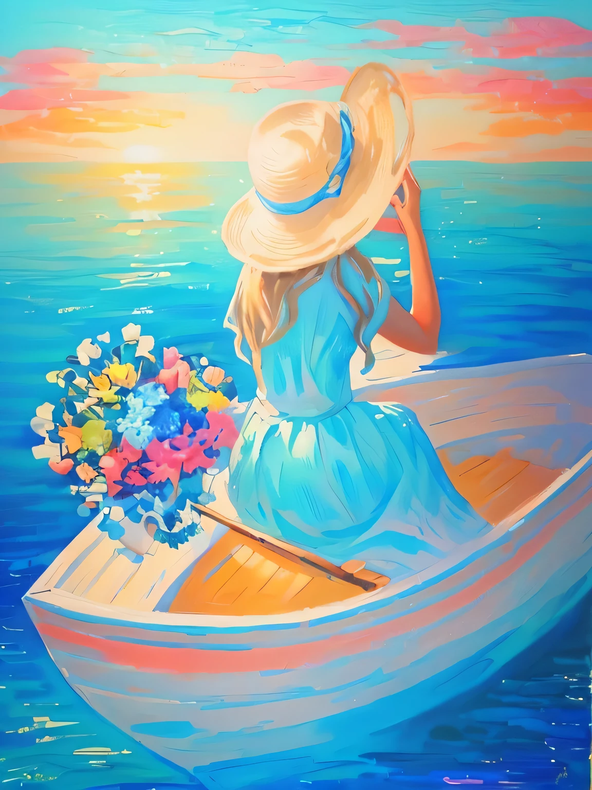 painting of a woman in a boat with flowers on the water, acrylic painting, on the sea, painted in bright water colors, romantic painting, acrylic paint on canvas, painting of beautiful, gazing at the water, bright colors oil on canvas, an acrylic painting, at the sea, with straw hat, acrylic paint style, painitng, acrylic art, on a bright day