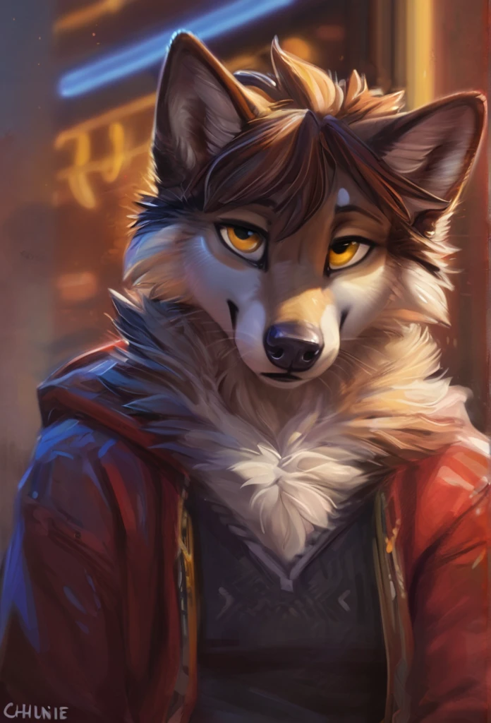 (by hioshiru and kenket and dimwitdog, Michael &amp; Inessa Garmash, Ruan Jia, Pino Daeni, Chunie), solo, anthro, male, (wolf), ((intricate detail fluffy fur texture)), mane, pinup, (yellow eyes) , chest tuft, ((clothed)), digigrade, (tail), handsome, glasses, red jacket, cinematic, solo, (muscle), (shaded), (detailed eyes):1.2, ((busts))