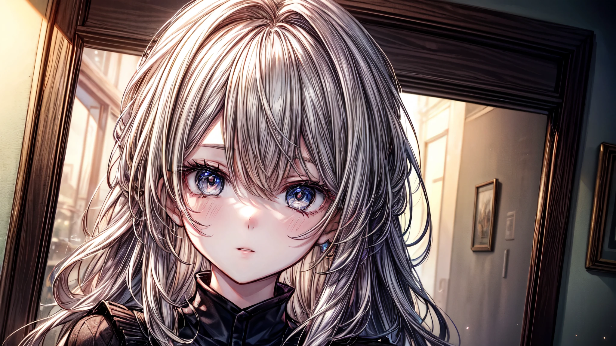 ((masterpiece、top-quality))、the Extremely Detailed CG Unity 8K Wallpapers、Shisha Bar、Smoke is flowing、Detailed background、beautifull detailed face、beatiful detailed eyes、highly contrast、long hair, wavy hair, bangs, eyes visible through hair, gradient hair, happy, cardigan,Midnight、The best lighting、extremely delicate and beautiful、Very delicate and beautiful girl、The whole body is reflected、tilt of the head、young、20 years old、Live-action anime、