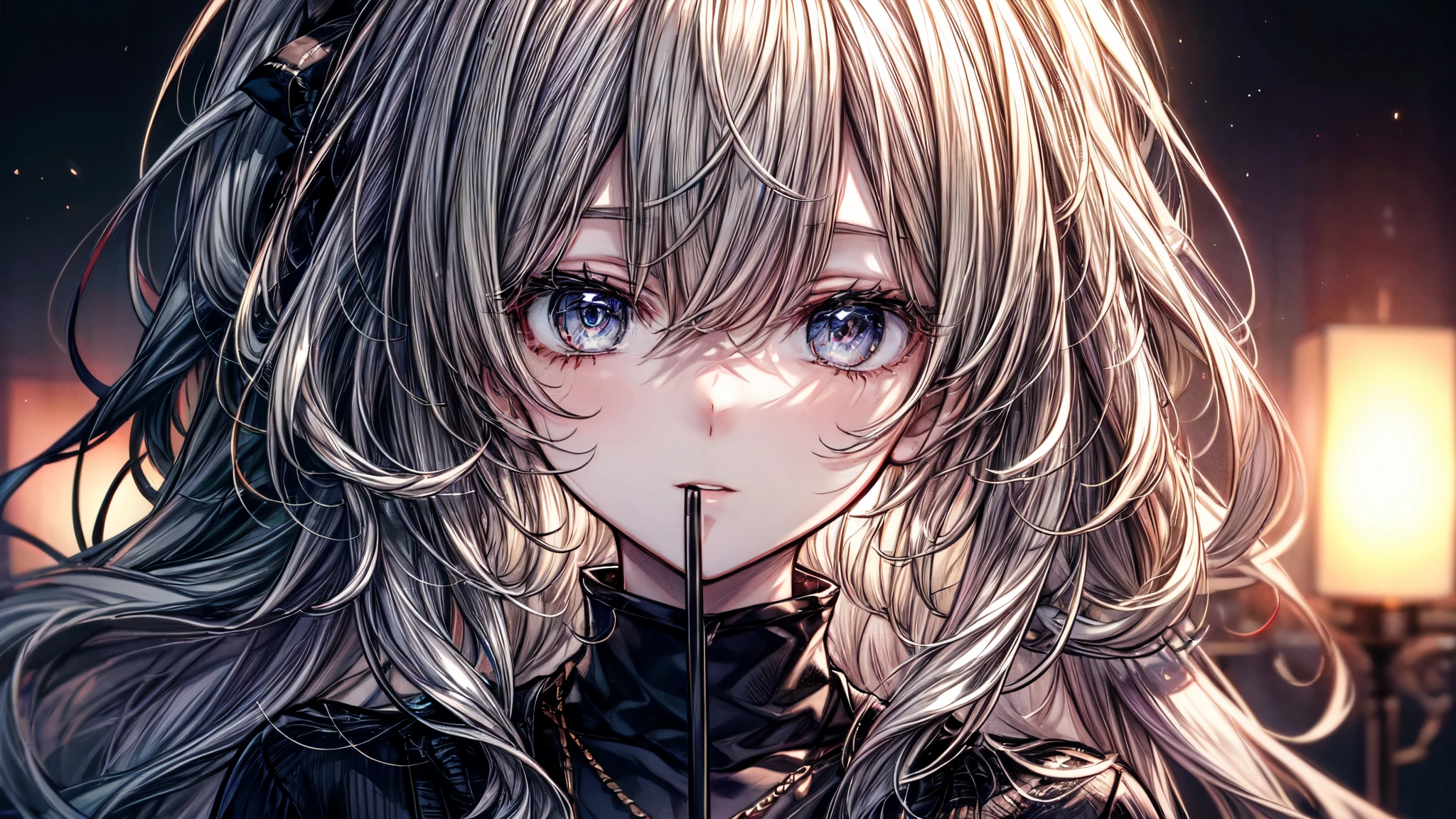 ((​masterpiece、top-quality))、the Extremely Detailed CG Unity 8K Wallpapers、Shisha Bar、Smoke is flowing、Detailed background、beautifull detailed face、beatiful detailed eyes、highly contrast、long hair, wavy hair, bangs, eyes visible through hair, gradient hair, happy, cardigan,Midnight、The best lighting、extremely delicate and beautiful、Very delicate and beautiful girl、The whole body is reflected、tilt of the head、young、20 years old、Live-action anime、

