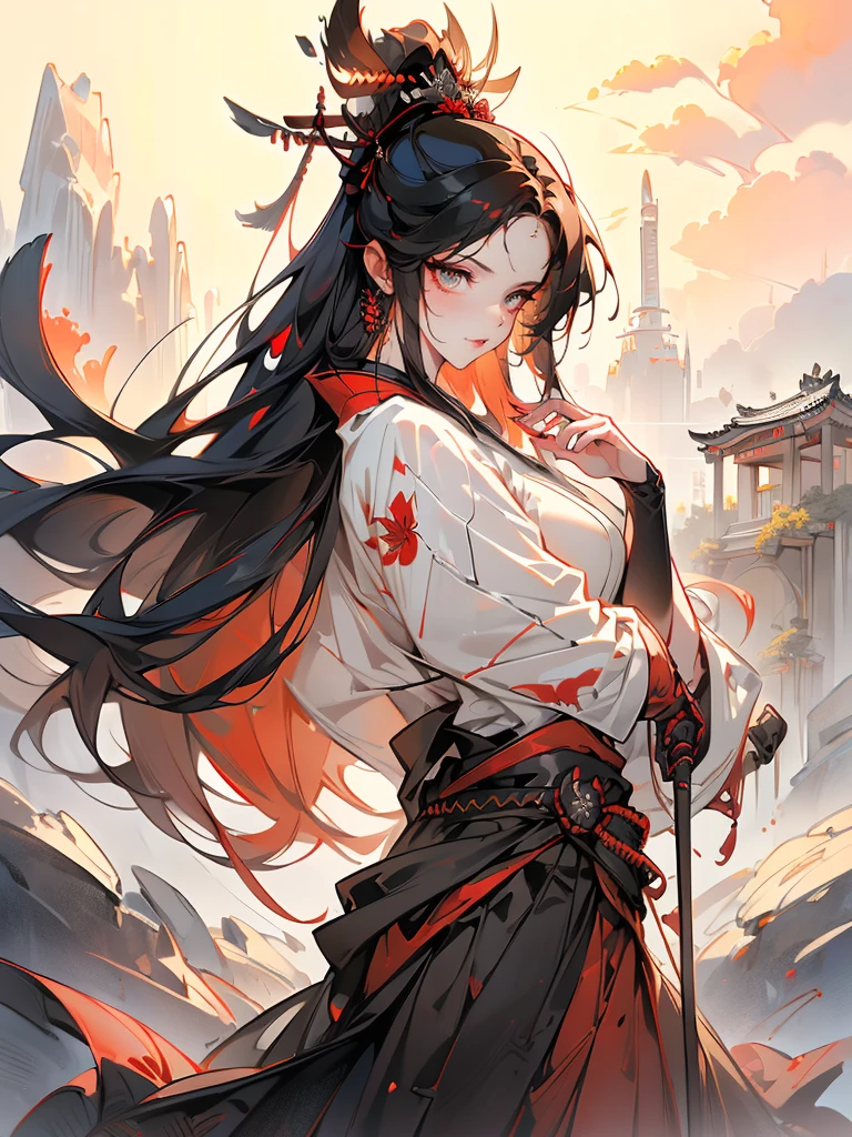 ((A badas girl in metal style holding samurai)), beautiful girl, Attractive eyes and moist lips, long black hair, (badas poses), professional art, uhd 8k, epic illustration, digital painting, lightningwave, color gel lighting, ultra detailed digital painting, dynamic pose, picturesque colors, gorgeous digital painting, red and gold tetradic colors