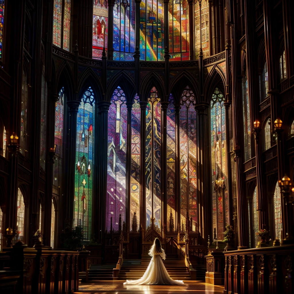 Red carpet (Cathedral from below:1.28) VolumetricLighting (FullBody ZoomedOut:1.28 Wide-shot) ZoomLayer (BokeH:1.32), TopQuality 8K masterpiece of ((Professional photo)), (((Clarisse de Cagliostro))) (Detailed Delicate White Dresses), Chain, Extremely detailed (KAWAII face) {(VeiledFace)|BlondeHair|(Spanking BuleEyes)}, The background is distant (((Elaborate stained glass))) Rainbow Glass, (MysticSight) {(GodRays)|Haze|TyndallEffect}, Radiant PearlSkin with Transparency, (Exposed:0.38)