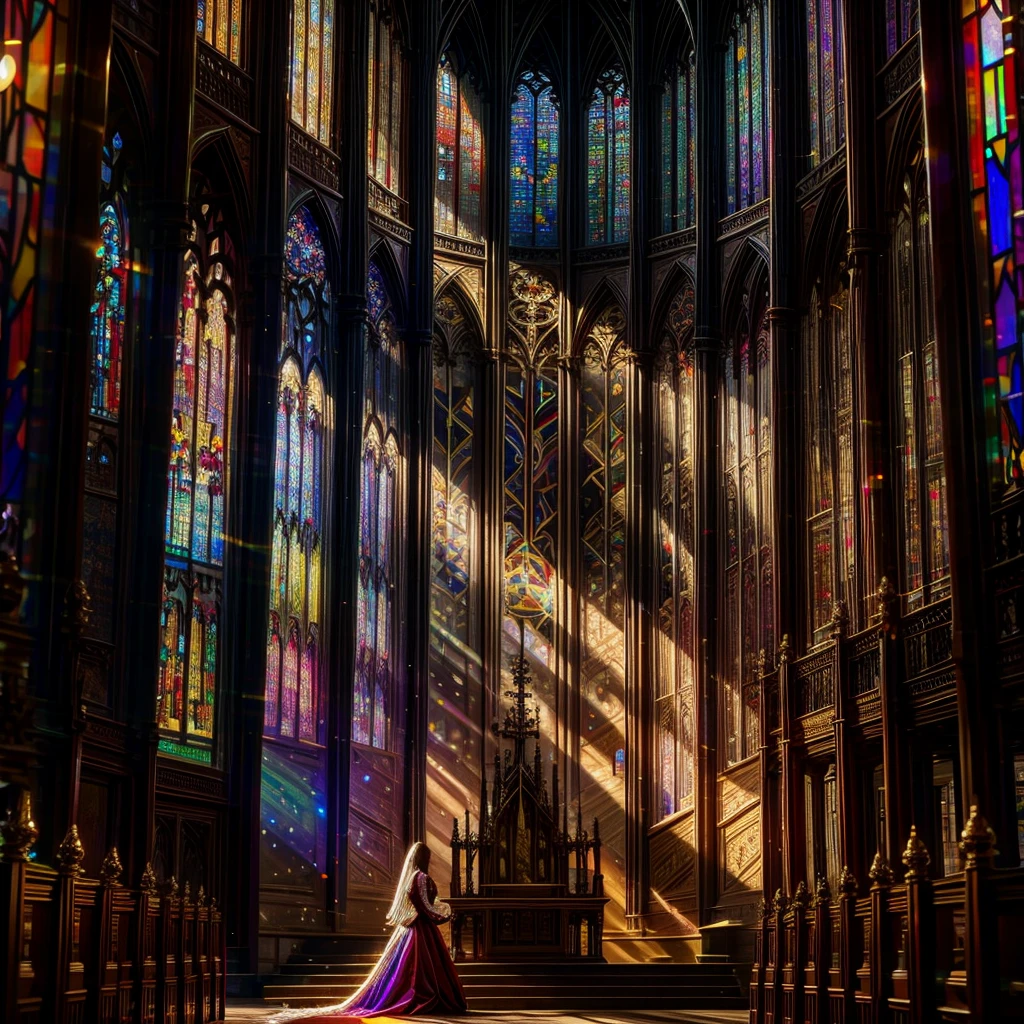 Red carpet (Cathedral from below:1.28) VolumetricLighting (FullBody ZoomedOut:1.28 Wide-shot) ZoomLayer (BokeH:1.32), TopQuality 8K masterpiece of ((Professional photo)), (((Clarisse de Cagliostro))) (Detailed Delicate White Dresses), Chain, Extremely detailed (KAWAII face) {(VeiledFace)|BlondeHair|(Spanking BuleEyes)}, The background is distant (((Elaborate stained glass))) Rainbow Glass, (MysticSight) {(GodRays)|Haze|TyndallEffect}, Radiant PearlSkin with Transparency, (Exposed:0.38)