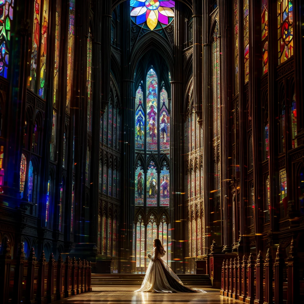 Red carpet (Cathedral from below:1.28) VolumetricLighting (FullBody ZoomedOut:1.28 Wide-shot) ZoomLayer (BokeH:1.32), TopQuality 8K masterpiece of ((Professional photo)), (((Clarisse de Cagliostro))) (Detailed Delicate White Dresses), Chain, Extremely detailed (KAWAII face) {(VeiledFace)|BlondeHair|(Spanking BuleEyes)}, The background is distant (((Elaborate stained glass))) Rainbow Glass, (MysticSight) {(GodRays)|Haze|TyndallEffect}, Radiant PearlSkin with Transparency, (Exposed:0.38)