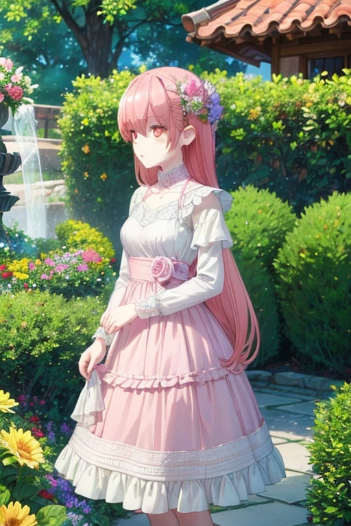 Make a girl in a beautiful dress in a garden.