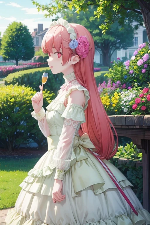 Make a girl in a beautiful dress in a garden.