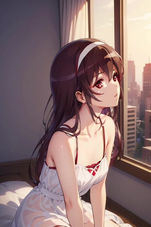 utaha kasumigaoka (deep red eyes:1.7), long black hair, white hairband (ample chest:1.2), leaning forward BREAK collarbone, ((translucent white dress)), bare arms, bare shoulders, bare legs, teenager BREAK looking at viewer, BREAK indoors, BREAK (masterpiece:1.2), best quality, high resolution, unity 8k wallpaper, (illustration:0.8), (beautiful detailed eyes:1.6), extremely detailed face, perfect lighting, extremely detailed CG, (perfect hands, perfect anatomy), ((semi-profile))