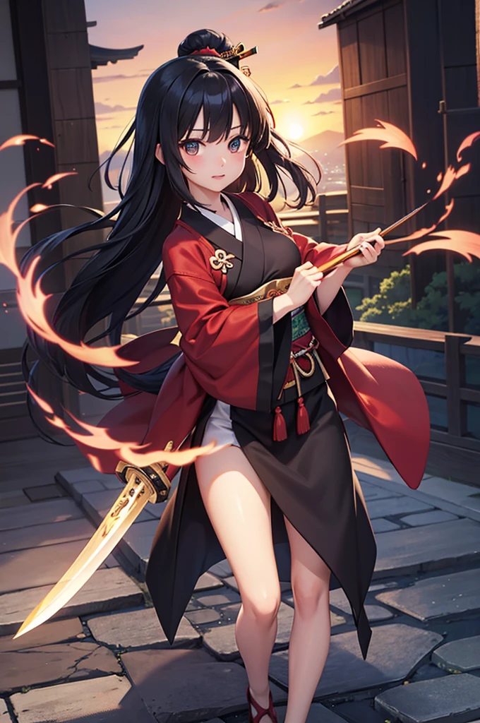 low-angela, full-body, ((battle fighting stance)), (hand holding Japanese long swords gripping swords in hands) (solo:1.3, ((kabuki makeup face)) Kabuki dancer), (black hair oiran hair, cute femdom girl, 17 yo, big breasts, detailed red eyes), (in a immensely kabuki uniform, kabuki pants), ((kabuki dancing:1.2)) (in the Hakataza Theater), break, perfect anatomy, masterpiece:1.2, best quality, 8k, beautiful detailed grow, daydreaming expression.