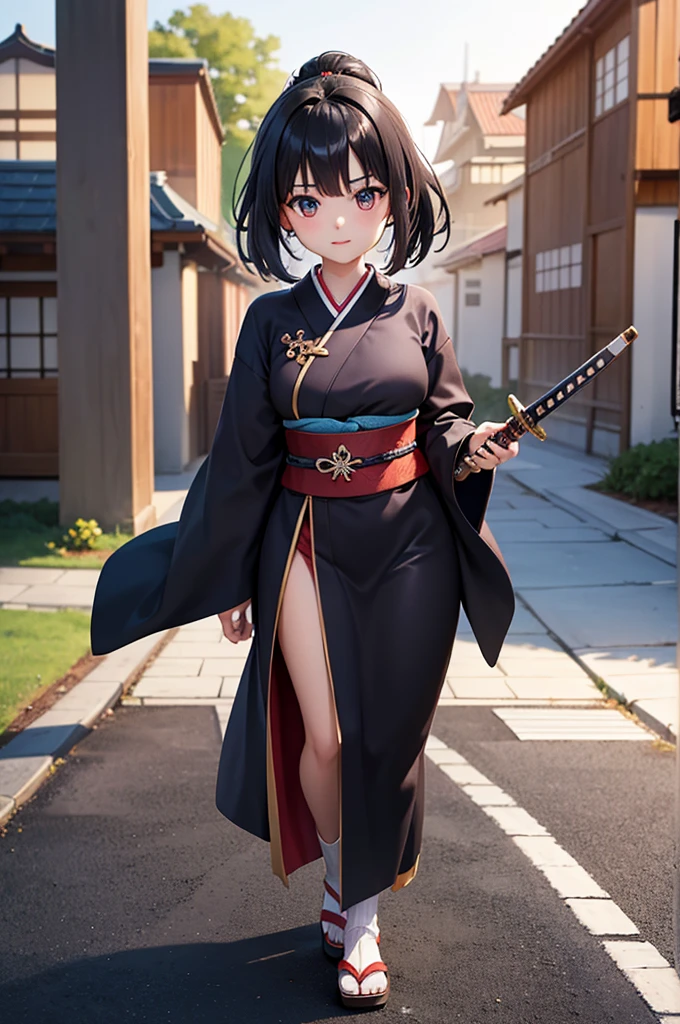 Fantasy RPG character, 26-year-old woman, samurai, sword, Japanese clothing,black hair, ((full body)), ((anime)), ((best qualtiy, 8K, tmasterpiece:1.3)), Focus:1.2, perfect figure beautiful woman:1.4, 1woman, cowboy shot, look at viewer, eyes facing the camera, incredibly absurd, beautiful and cute woman, showcasing top-quality craftsmanship, cute, neat
