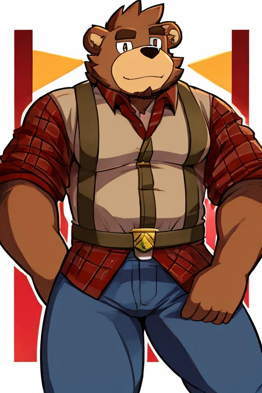 bear man, high, red plaid long sleeve shirt, Jeans, woodcutter, gordo