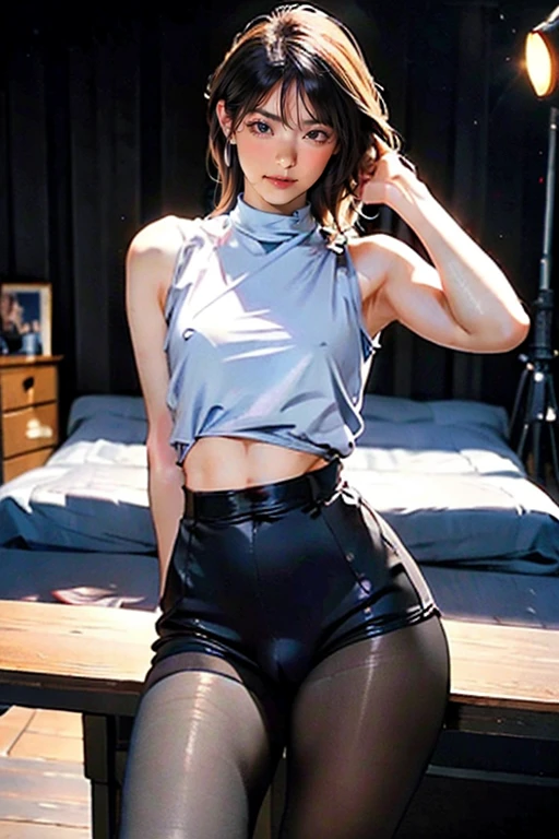 A beautiful femboy with a cute and goddess-like aesthetic, wearing black pantyhose and stockings, posing with a dynamic angle that showcases their flat chest, big butt, curvy waist, and thick thighs, extremely detailed face and visible navel, (best quality,4k,8k,highres,masterpiece:1.2),ultra-detailed,(realistic,photorealistic,photo-realistic:1.37),HDR,UHD,studio lighting,ultra-fine painting,sharp focus,physically-based rendering,extreme detail description,professional,vivid colors,bokeh