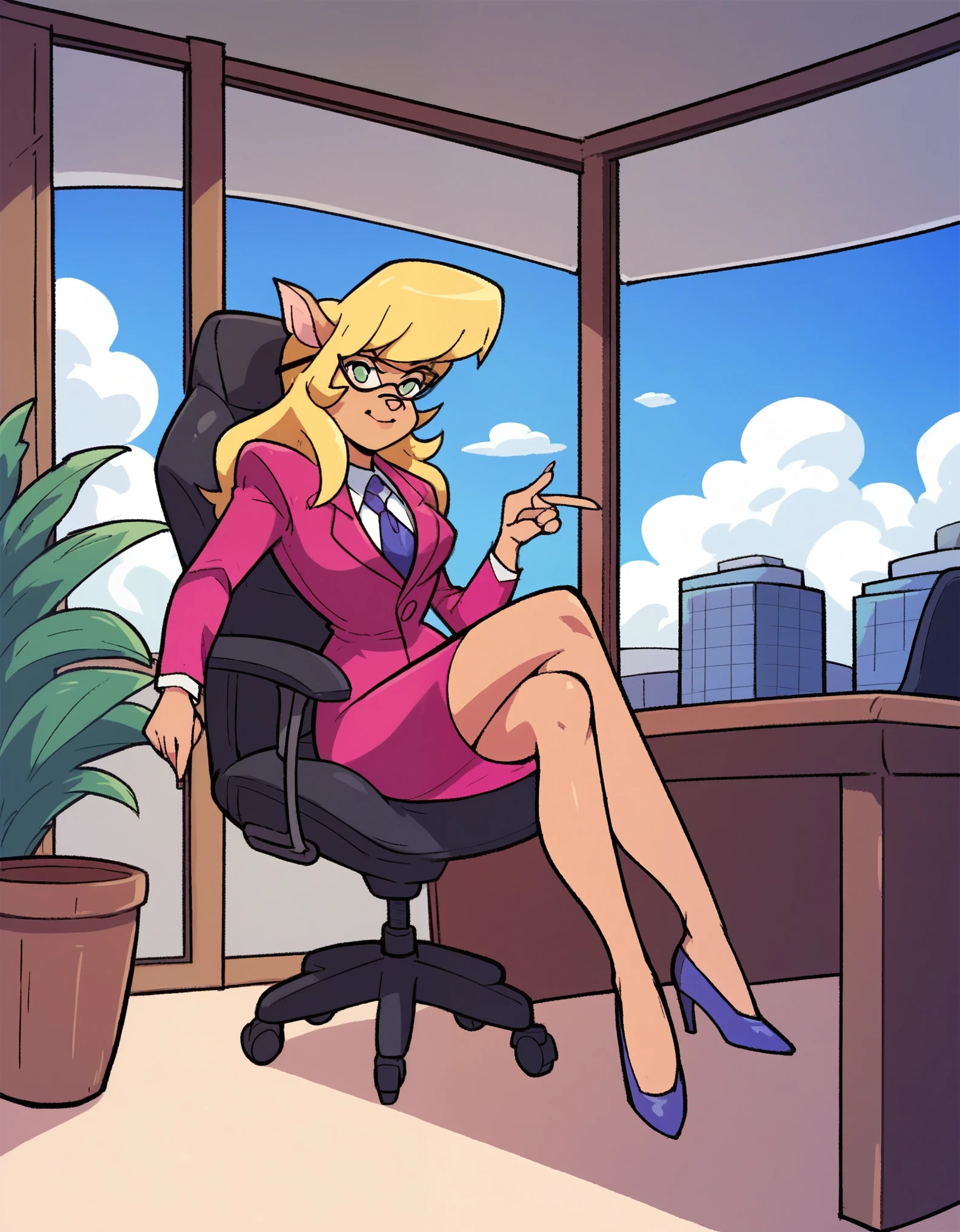 score_9, score_8_up, score_7_up, score_6_up, score_5_up, score_4_up, (Source furry), (rating safe),   1girl solo, outside, trees, clouds, looking at viewer, glasses, callie briggs, pink suit, detailed, detailed fur, sitting on chair, large chair, office, office chair, leather chair, swivel chair, large leather office swivel chair, desk,